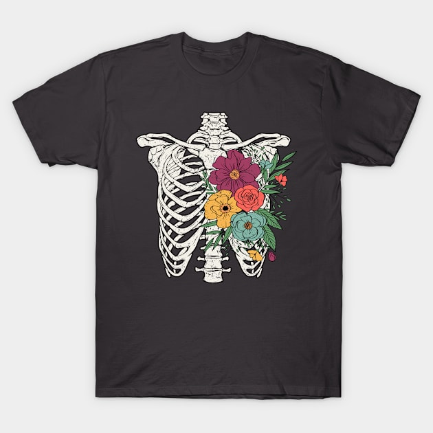 Skeleton Torso with Retro Flowers T-Shirt by The Lucid Frog